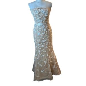 Jovani Cream Beaded Satin Strapless Gown